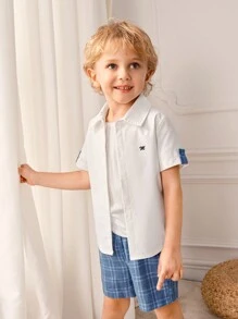 SHEIN 2pcs YoungBoy Outfit, Short Sleeve Graphic Shirt And Breathable Plaid Shorts, Suitable For Spring/Summer, School, Party - White - View 4