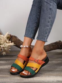Summer New Colorblock Splicing Open Toe Sandals, Metal Buckle Decor, Platform Wedge Heel Design, Criss-Cross Hollow Breathable Upper, Fashionable Casual Vacation Versatile Sandals For Women - Màu vàng - Xem 7