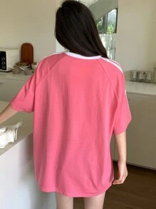 DAZY 女士夏季圆领条纹插肩袖短袖休闲T恤宽松T恤 - 粉色 - 查看 5