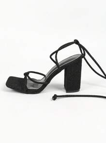 Tacones altos sexys y elegantes de fiesta abiertos negros de mujer con correa cruzada en forma de lazo, punta cuadrada, simple y elegante, cómodos, zapatos de tacón de bloque que alargan las piernas - Negro - Ver 8
