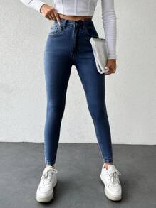 EURMUSE 女性中腰修身牛仔褲 - 深色水洗藍 - 查看 5