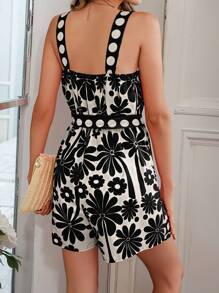 Selianne Ladies' Random Printed Square Neck Sleeveless Jumpsuit With Waist Belt, Summer - Black - View 2