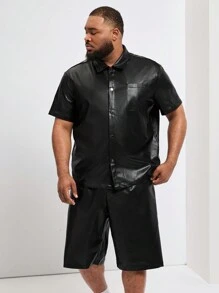 Manfinity Homme Men's Plus Size Solid Color Simple Short Sleeve Shirt And Shorts Set - Black - View 6