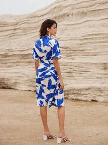 Aveloria Splatter Paint Brushstroke Print Belted Stand Collar Ruched One-Piece Sleeve Dress - Multicolor - View 5