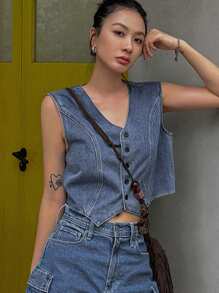 DAZY Solid Color Sleeveless V-Neck Fitted Women Denim Jacket