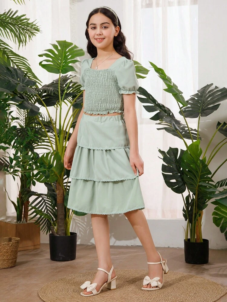 Tween Girl Short Sleeve Square Neck Top And Mid-Length Green Cake Skirt, Toddler Tween Girl Long Sleeve Square Neck Pullover And Casual Crossed Casual Pants, Family Matching Outfits (4 Separate Sets Sold)