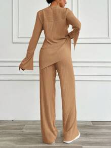 EURMUSE Ladies' Solid Color Simple Daily Long Sleeve Top And Long Pants Two-Piece Set - Bronze - View 2