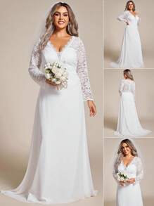 Vestido de novia elegante de talla grande con cuello en V, manga larga transparente, falda de cola de pez con parches de encaje, vestido de novia blanco para fiesta de solteros, novia, para el Día de San Valentín - Blanco - Ver 5