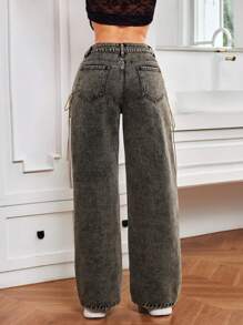 SHEIN ICON Women's Y2K Hollow Out Solid Color Wide Leg Jeans With Pockets, Casual - Black - View 3