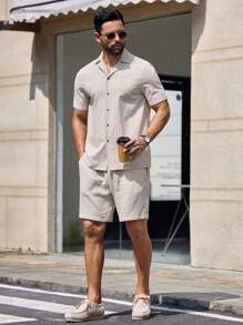 GENTILAND Men's Regular Fit Woven Striped Short Sleeve Shirt With Mandarin Collar, Suitable For Daily Wear In Spring And Summer - Multicolor - View 6