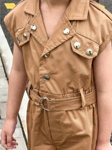 Mono tejido de estilo coreano con tirantes, cierre de botones, cintura con correa y cierre de cremallera oculto para niña joven, primavera/verano - Marrón - Ver 5