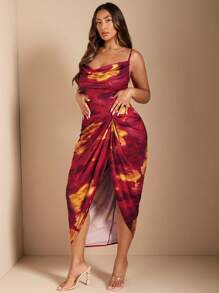 SHEIN BAE 女士加大夏季常规/节日/约会/派对 V 领开衩拼色扎染印花连衣裙，女士生日礼服 - 紅色 - 查看 5