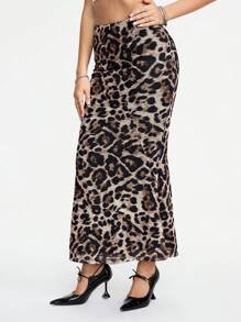 ROMWE Falda larga con cola de pescado con estampado de leopardo para mujer de moda de verano - Multicolor - Ver 4