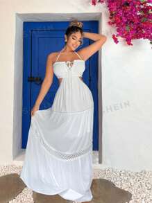 SHEIN SXY Vestidos largos para mujeres, vestido blanco con costura de encaje en el dobladillo para ropa de mujer de vacaciones en la playa - Blanco - Ver 5