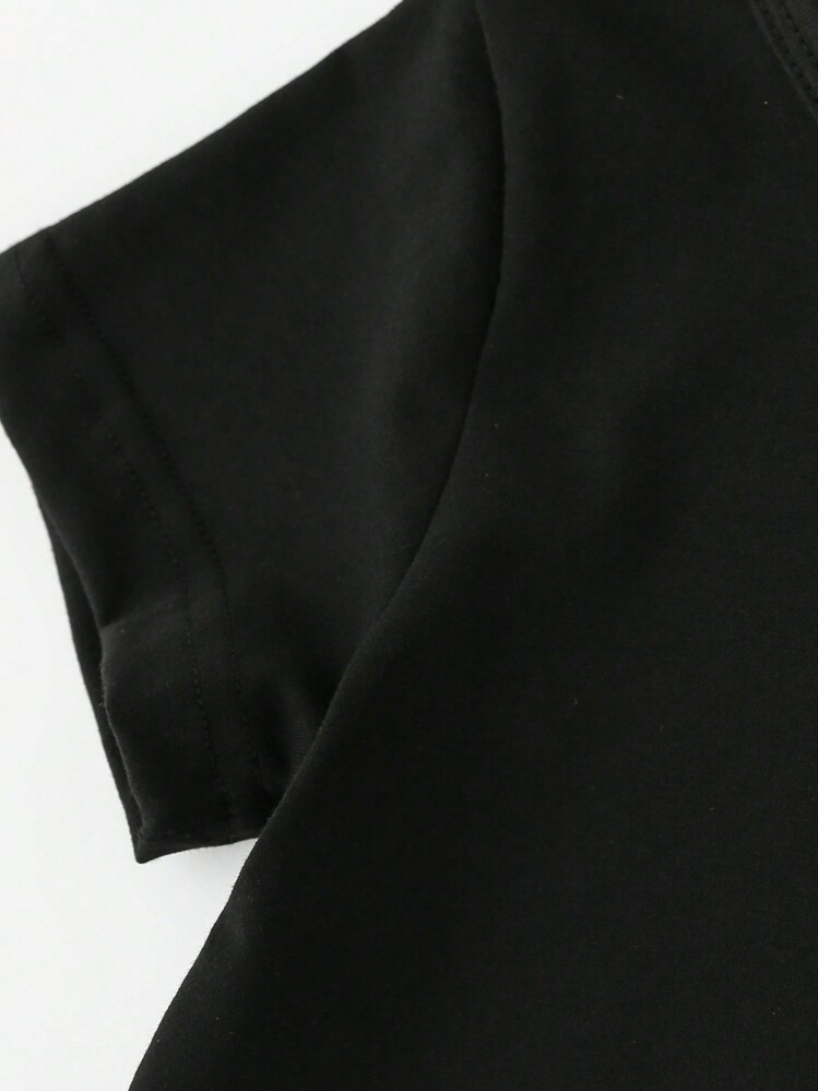 SHEIN 年輕女孩彩色花卉、字母和標語圖案短袖T恤，適合休閒穿著 - 黑色 - 查看 6