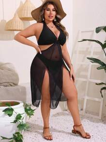 SHEIN Swim Curve 大尺碼夏季海灘純色透明網紗分割泳裝裙 - 黑色 - 查看 5