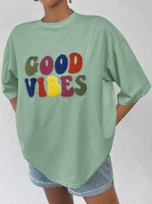 Letter Flocking Drop Shoulder Tee - Green - View 2