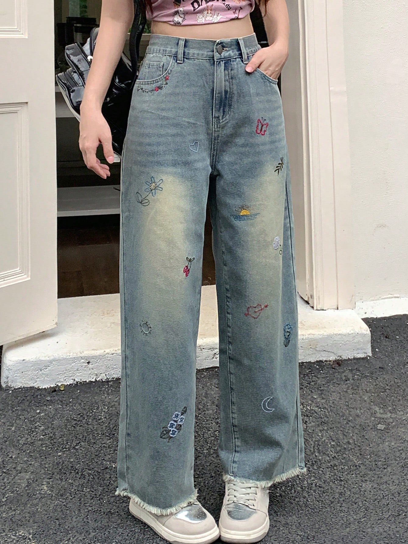 DAZY سراويل جينز نسائية بتصميم مستقيم وفضفاض مع طب...