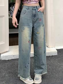 DAZY Ladies' Cherry Printed Loose Fit Straight Leg Denim Jeans With Raw Hem Pockets,Back To School Clothes - Light Wash - View 3