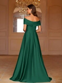 SHEIN Belle 纯色露肩褶饰及地伴娘礼服，优雅正式晚会舞会婚礼宾客礼服，适合毕业典礼、晚宴派对礼服