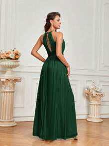 SHEIN Belle Dark Green Spring Elegant Wedding Guest Formal Halter Neck Dress With Ruching,High Thigh Slit,Water-Drop Back&Tie Straps For Bridesmaid Sheer Fabric - Dark Green - View 2
