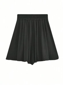 Rok celana pendek kasual warna polos musim panas dengan tali serut dan pinggang elastis, warna hitam. - Hitam - View 2