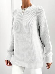 EURMUSE Jersey De Manga Larga Raglán Para Mujer Decorado Con Perlas - Blanco - Ver 3