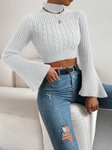 EURMUSE Casual Solid Color Stand Collar Flare Sleeve Cropped Sweater, Autumn/Winter - White - View 3