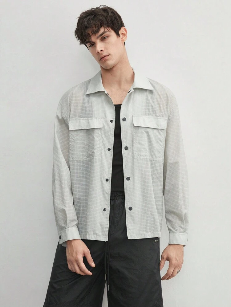 UPF Men's Woven Nylon Grid Windbreaker Fabric See-Through Loose Drop-Shoulder Jacket, Summer Shirt, Suitable For Spring And Summer Seasons, For Fall Winter