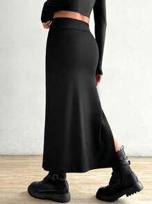 SHEIN EZwear Women's Fashion Solid Color Slim Fit Split Hem Long Skirt