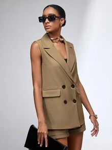 Women Fashionable Solid Color Sleeveless Blazer And Shorts Suit - Khaki - View 5