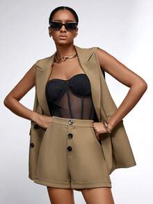 Women Fashionable Solid Color Sleeveless Blazer And Shorts Suit - Khaki - View 8