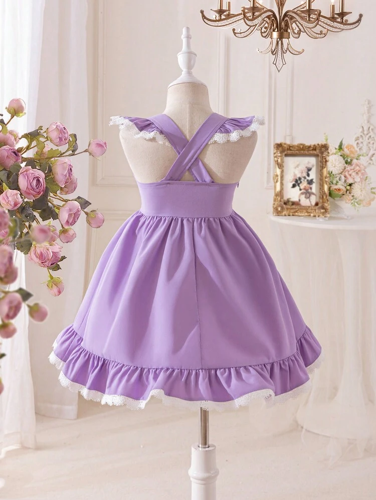 Young Girl Woven Solid Lace Embellished Ruffled Sleeveless Fitted Casual Dress