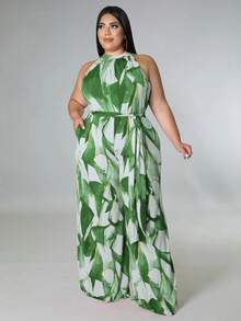 大碼女士印花簡約日常領口連身褲 - 綠色 - 查看 3