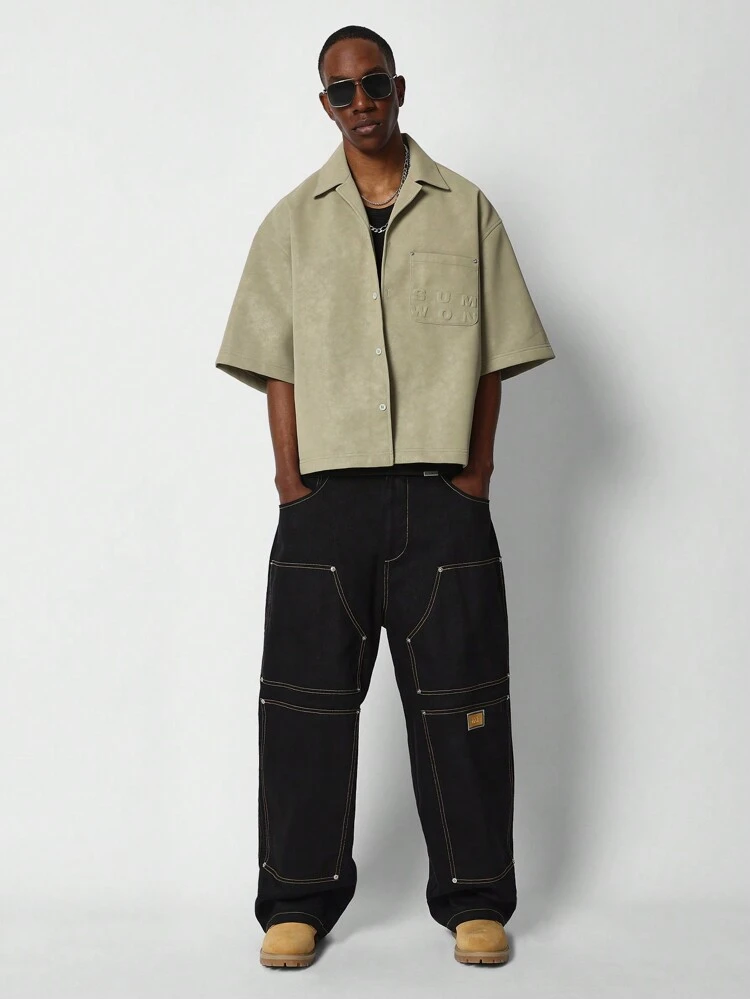 Casual Short Sleeve Button Down Work Shirt Lucky Charm Overshirt St Patricks Day Lightweight Spring Irish-Themed Streetwear With Embossed Pocket Detail