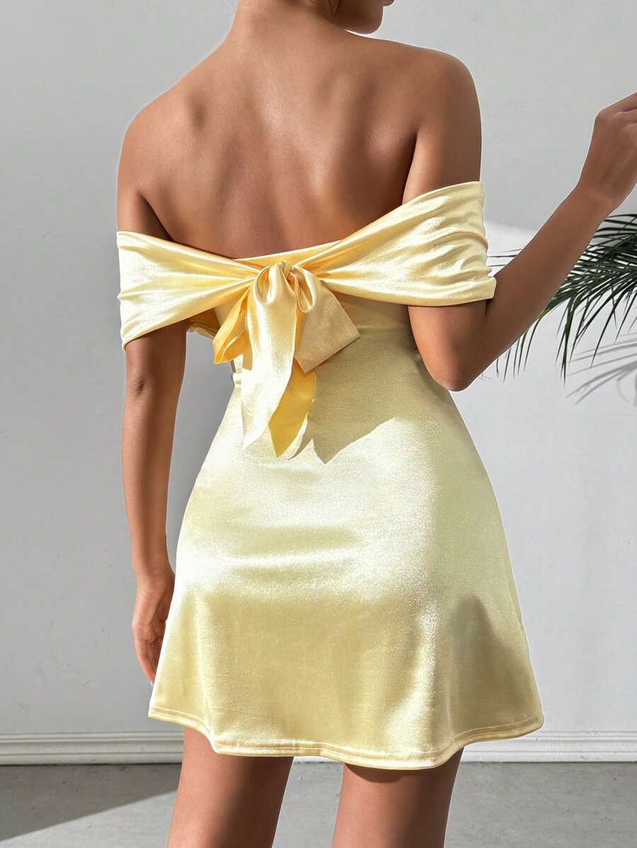 SHEIN Foxxy Đầm dự tiệc hở vai gợi cảm mini ngắn bằng vải satin trang phục dành cho nữ - Màu vàng - Xem 1
