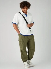 Manfinity VCAY Men's Solid Woven Mid-Rise Plus Size Integrated Casual Straight Tapered Joggers, Suitable For Everyday Wear In Spring And Summer - Army Green - View 3