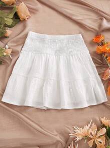 SHEIN Unity Waist Shirred White Simple Mini Skirt For Summer - White - View 1