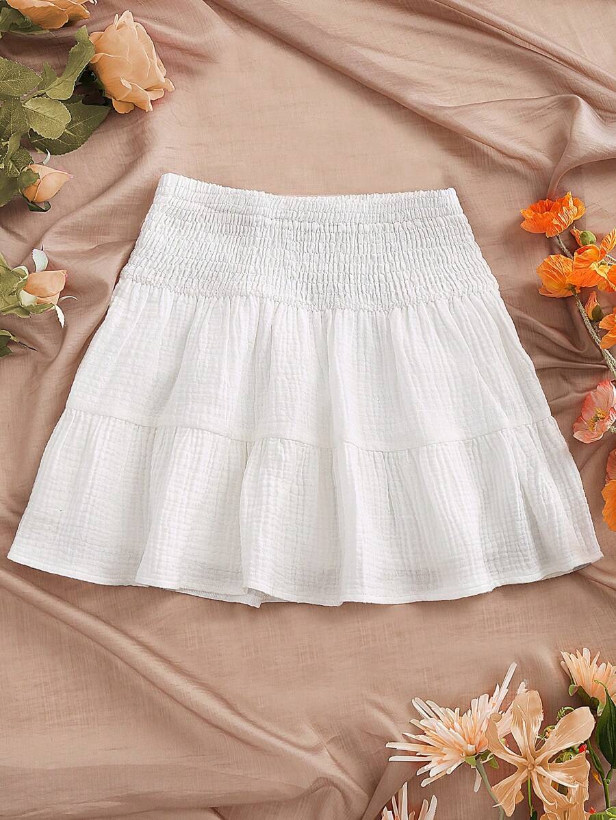 SHEIN Unity Waist Shirred White Simple Mini Skirt For Summer - White - View 1