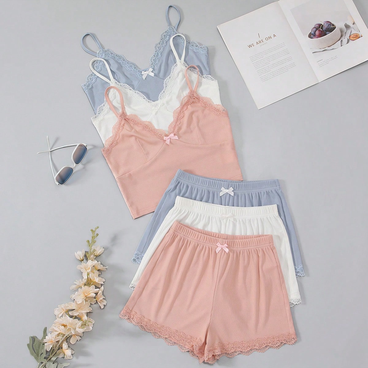 Set de 3 conjuntos de pijama sólido de color simple para dama, talla estándar/regular para estar en casa