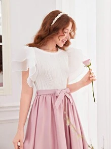 SHEIN Teen Girl Solid Color Jacquard Mesh Panel Ruffle Sleeve Casual T-Shirt - White - View 7