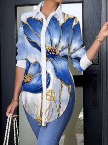 Camisa informal de manga larga con cuello, de corte holgado y estampada, con acabado suave para mujer, Tops de manga larga