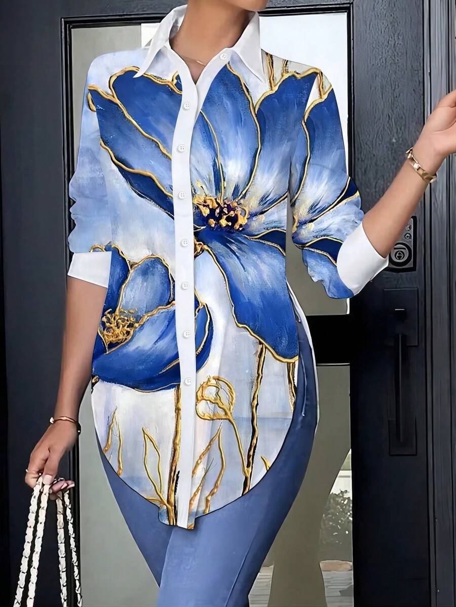 Camisa informal de manga larga con cuello, de corte holgado y estampada, con acabado suave para mujer, Tops de manga larga