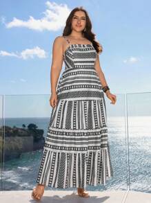SHEIN Frenchy Plus Size Vacation Striped Splice Long Tank Dress - Black and White - View 3