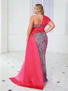 Plus Size Rose Red Ribbon Dress - Hot Pink - View 2