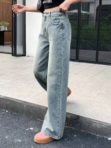 DAZY Pantalones de mezclilla rectos para mujer con bolsillos, jeans casuales - Azul - Ver 4