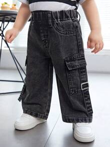 SHEIN 嬰兒男童休閒軟質磨破洗黑色貨袋寬鬆直筒牛仔褲，適用於春夏裝扮 - 灰色 - 查看 3