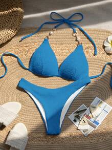 SHEIN 女士純色綁頸性感比基尼套裝，夏日海灘泳衣 - 藍色 - 查看 3