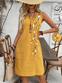 EMERY ROSE Women's Floral Embroidery Sleeveless Vacation Casual Dress - Yellow - View 1