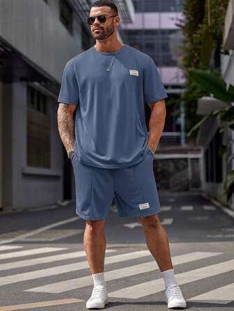EASEVO Men's Plus Size Summer Casual Fit Short Sleeve Round Neck Alphabet Logo Tee And Drawstring Waist Shorts Set